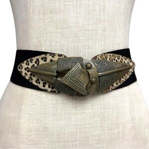 Vintage Omega Black Stretch Belt Brass Brutalist Buckle Medium